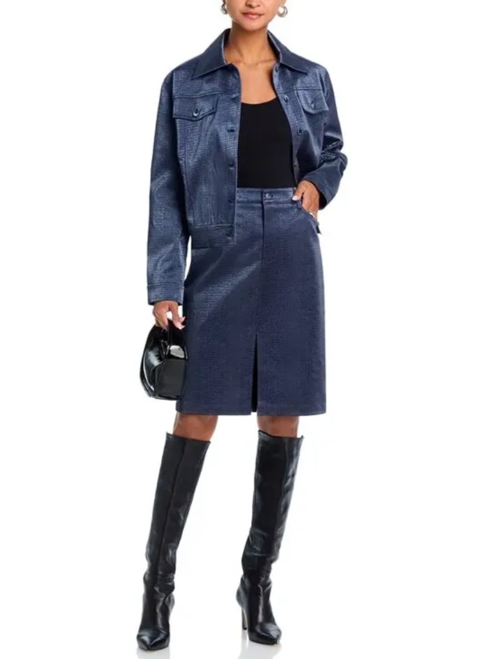 Wayf Camille Faux Leather Jacket in Metallic Navy - Picture 4 of 12